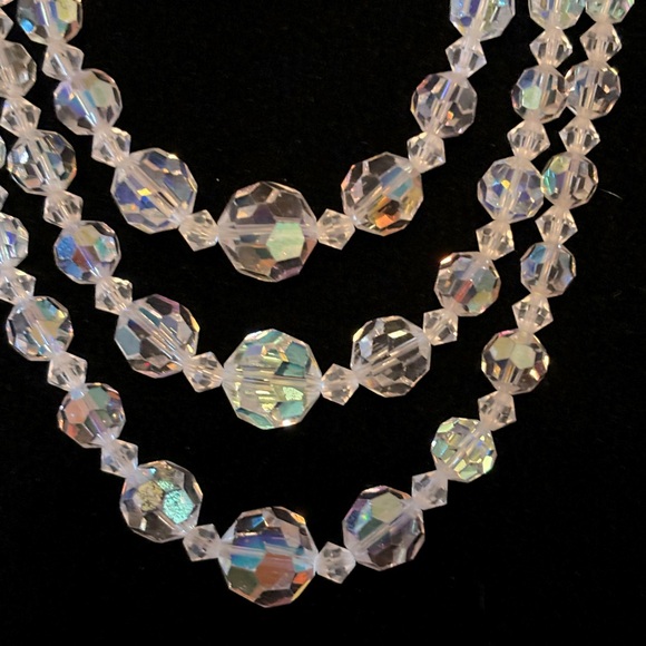 Vintage 3 Strand Aurora Borealis Crystal Necklace - Picture 2 of 6